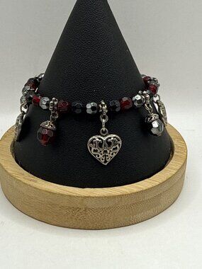 Whimsigoth Gothic Beaded Heart Charm Bracelet Red Black Silver Vintage Vampire